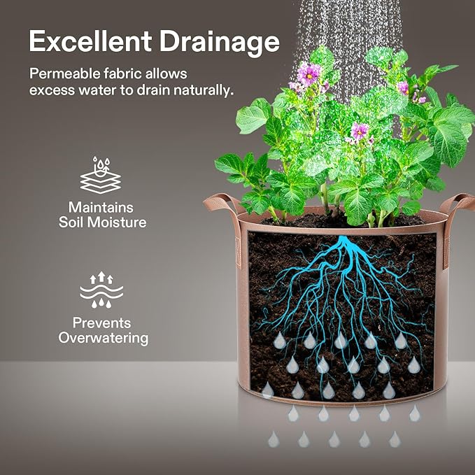 VIVOSUN 5-Pack 3 Gallons Grow Bags Heavy Duty Thickened Nonwoven Fabric Pots with Strap Handles Tan