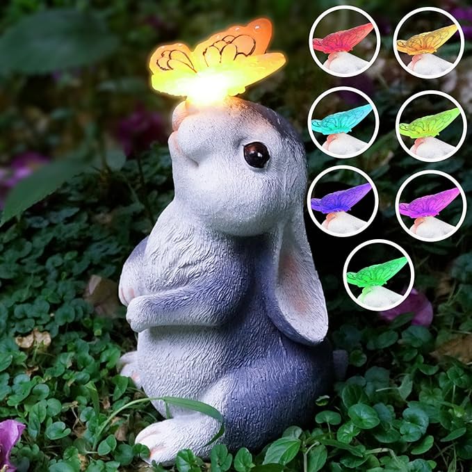 Solar Outdoor Garden Statues Decor-Rabbit Statue with Solar Butterfly Light 7 Colors Change for Patio Lawn Ornament Thanksgiving for Mom Grandma Kids, Bunny with Color Change