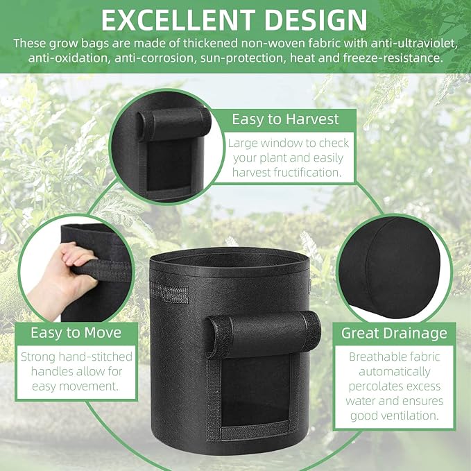 12 Pack 10 Gallon Potato Grow Bags, Heavy Duty Nonwoven Fabric Garden Planting Bag Plant Container with Flap and Handles, Aeration Fabric Pots for Growing Vegetable, Fruits and Flowers