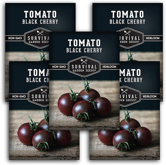 Black Cherry Tomato Seed for Planting - 5 Packets with Instructions to Plant & Grow Reddish-Purple Cherry Tomatoes in Your Home Vegetable Garden - Non-GMO Heirloom Variety - Survival Garden Seeds