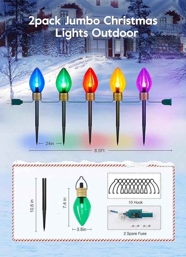 2 Pack Jumbo C9 Christmas Pathway Lights Outdoor Decorations Lawn with Stakes,Tota 17Ft 10 LED String Lights Covered Jumbo Multicolored Walkway Lights Bulb for Holiday Outside Yard Garden Decor