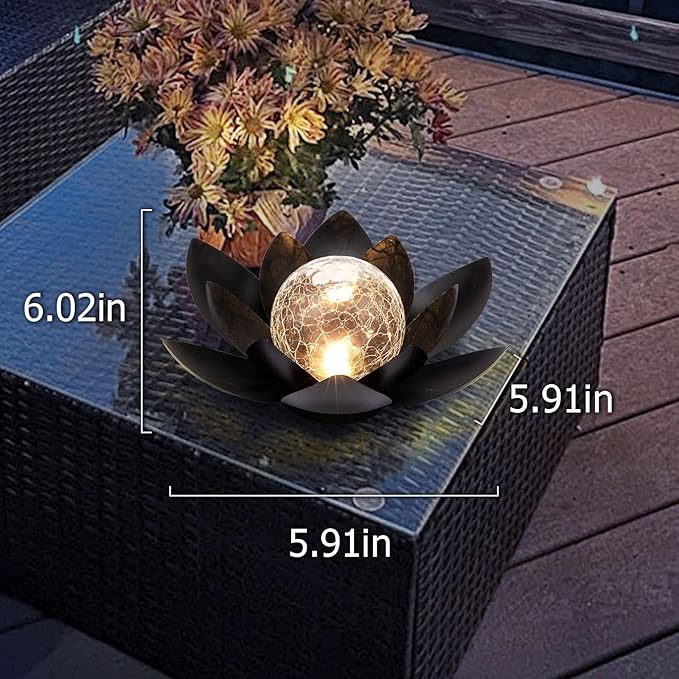 Huaxu Solar Lights Outdoor Garden Decor Metal Black Lotus Decoration, Crackle Globe Glass Waterproof LED Outside Table Lamp for Patio,Lawn, Yard,Walkway,Tabletop,Ground Gifts for Mom