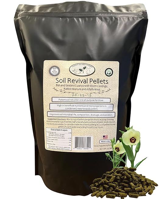 Soil Revival Bloom Booster and Soil Conditioner Pellets. Bat and Seabird Guanos with Rabbit Manure, Worm Castings, and Alfalfa Meal. 3.5lb Bag