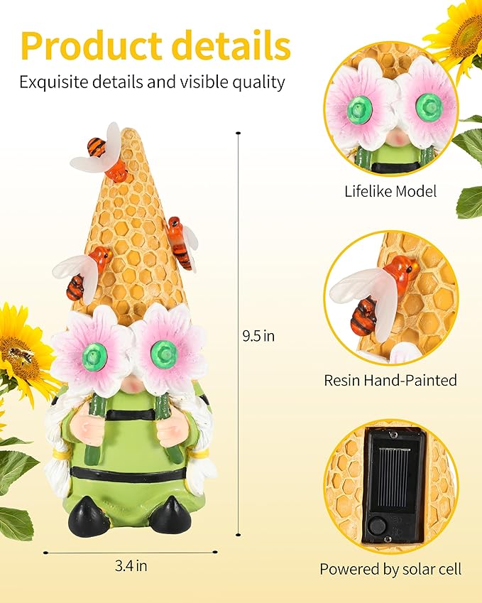 iStatue Solar Garden Gnome Figurine Light with Bees Sunflower, 9.5'' Resin Outdoor Statue for Yard Patio Decor Lawn Ornaments Porch Garden Gifts for Women/Girl (Ms Bee Gnome)