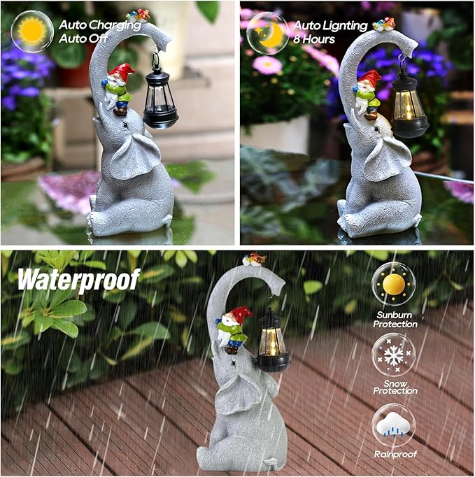 Elephant Statues Garden Decor - Lucky Elephant Outdoor Statues with Solar Powered Lantern, Elephant Statue Gifts for Women,Resin Yard Art for Outdoor & Home Decor(11" Elephant)