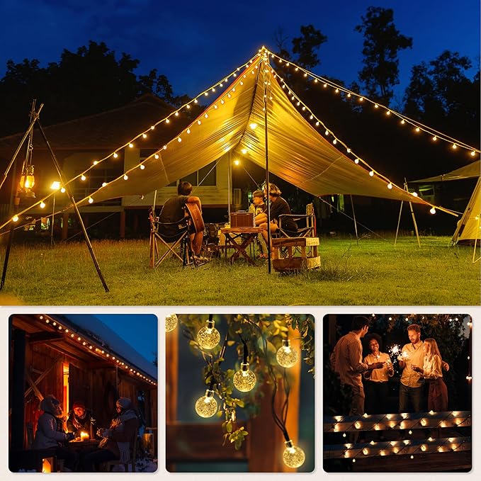 2 Pack Solar Lights Outdoor Waterproof, Total 72ft 120 LEDs Crystal Globes with 8 Modes, Solar Light Strings for Outside, Patio Porch Garden Yard Wedding Party Decor (Warm White)