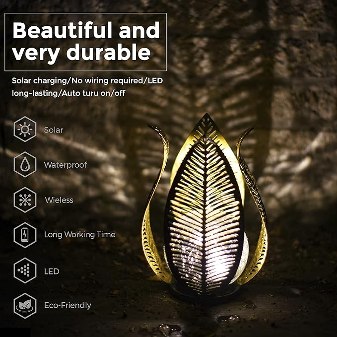 Solar Garden Lights Waterproof Decorations,Crackle Globe Glass,Metal Palm Leaf Solar Lights for Outdoor Decor On Garden,Patio,Yard,Front Porch,Tabletop Lamp-Perfect Gifts