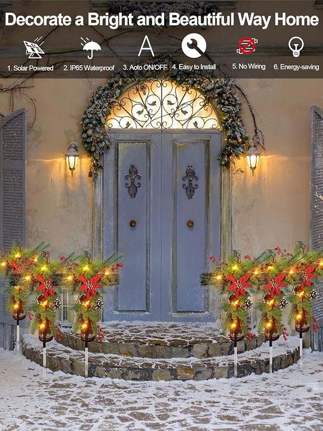 2 Pack Christmas Decorations Outdoor Solar Cross Stake Lights for Christmas Decor, IP65 Waterproof, Auto On/Off Cross Light Grave Decorations with 10 LEDs & Pinecones for Garden Yard Lawn Cemetery