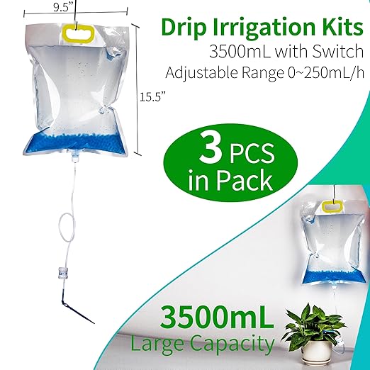 3.5L Self Watering Planter iv Bags with Adjustable Flow Regulators & Hooks,Automatic Drip Irrigation Kits, Indoor Plant Life Support Self-Waterer, Vacation Plant Watering System for Potted Plants,3Pcs