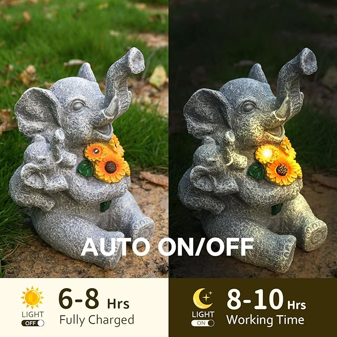 Elephant Gifts for Women, Solor Statue for Garden, Elephant and Sunflower Figurine with Lights, Outdoor Decorations for Yard Lawn Patio, Gifts for Mom Grandma Mother in Law Gardener Mother'Day