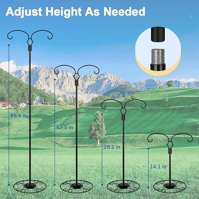 Liitrton 62.6 Inch Shepherds Hooks for Outdoor, Adjustbale Double Shepherds Hooks Hummingbird Feeder Stand Bird Feeder Pole Wind Chime Stand with Round Base, 4 Prongs Base and Water Weight Bag