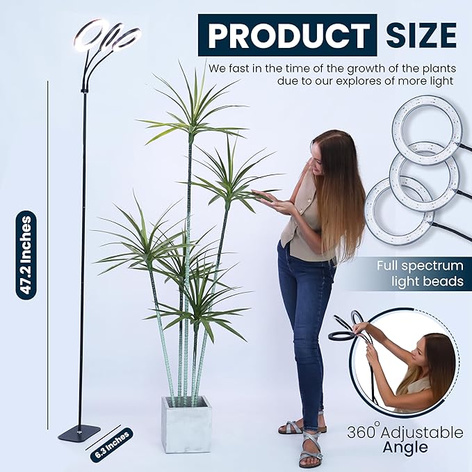Hanging Grow light for Indoor Plants with Warm Colors, Full Spectrum Plant Standing Lamp for Seeding Small and Large Plants with 3 Heads, Auto On/Off Timer and Adjustable Tripod Stand– 30 Watts