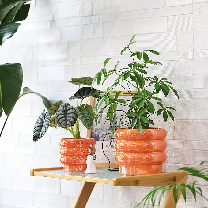 7.8 Inch + 5.7 inch 2 pcs Ceramic Plant Pots for Indoor Plants, Rainbow Pearl Glaze Planter with Planters for Plants with Drainage Hole, Orchid Pots, Succulent Pot, Flower Pot (Orange)