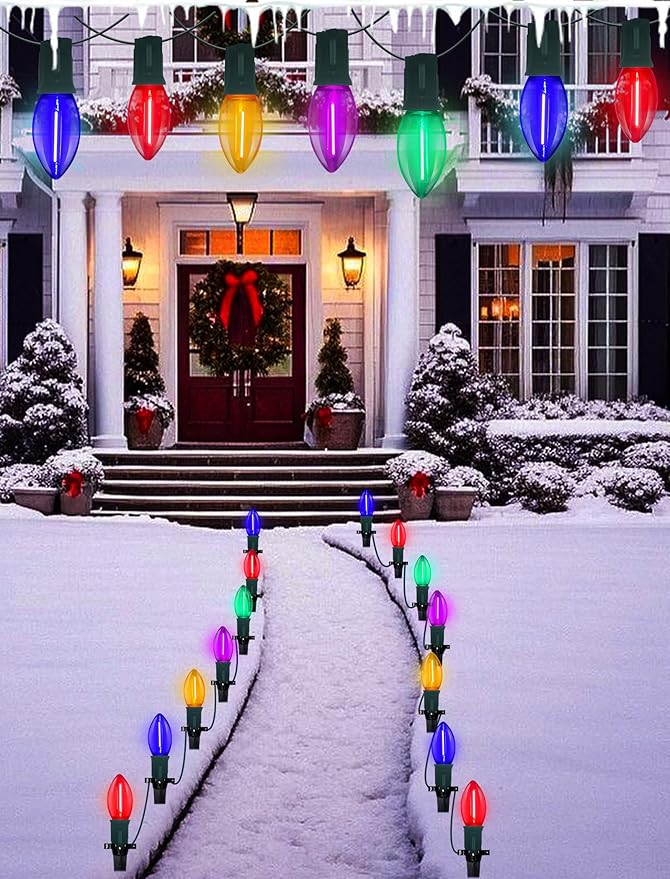 C9 LED Christmas Pathway Lights Outdoor 38Ft 25 LED C9 Multicolor Bulbs Christmas Pathway Stakes Lights, Connectable Outdoor Christmas Walkway Lights for Yard Patio Sidewalk Driveway Garden Lawn Decor
