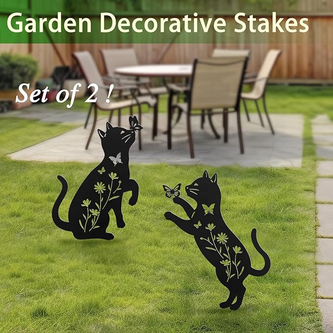 Metal Cat Garden Decor for Outside,Set of 2 Black Cat Silhouette Garden Stakes,Cat Yard Decor Outdoor