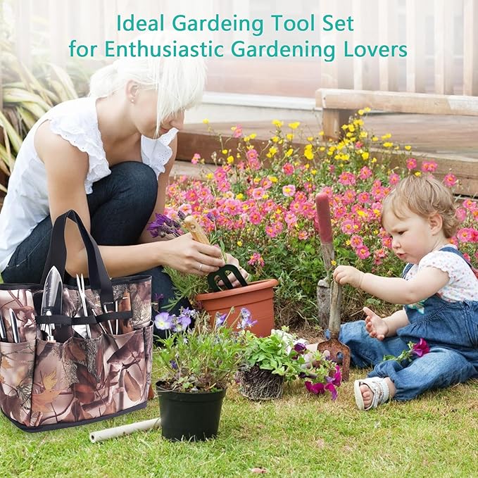 Outdoor Garden Tool Set, 7 Pcs Floral Gardening Set for Women Leaf Camouflage Gardening Kit with Garden Tool Bag, Trowel, Weeder Fork, Hand Rake, Pruning Shears, Cultivator, Transplanter