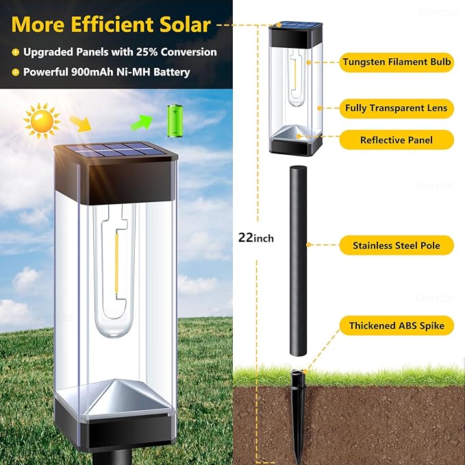 Solar Pathway Lights Outdoor Waterproof Solar Outdoor Lights with LED Tungsten Filament Bulb, Auto On/Off Garden Lighting for Outside Yard Landscape Driveway Lawn Path 4 Pack