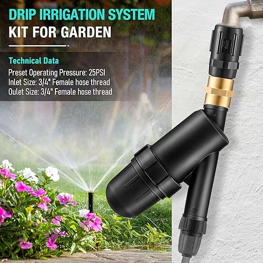 2 Pack Drip Irrigation Pressure Regulator Kit, Drip Irrigation Filter with 25 PSI 3/4'' Hose Thread Pressure Regulator, with Metal Connector, for Drip Irrigation System, Pressure Reducer