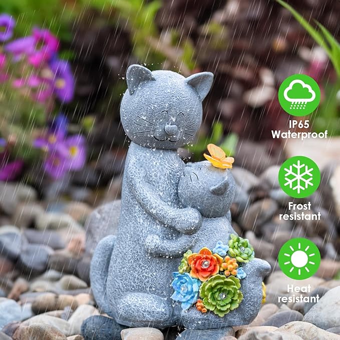 Solar Garden Statues Loving Cat Figurine Lights for Outside, Yard Decorations Outdoor, Garden Christmas Decor Unique Birthday Housewarming Gifts for Mom, Women