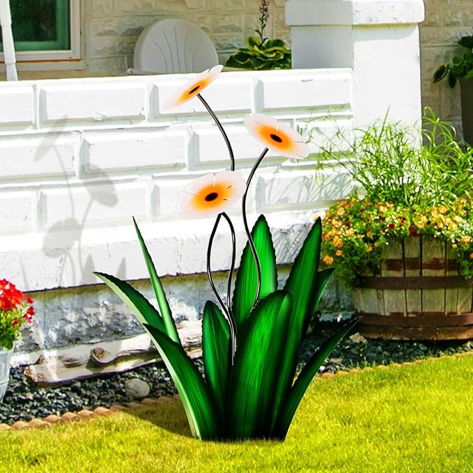 Upgraded Large Metal Yard Art, Agave Plant Yard Decorations, Outdoor Sculpture, Flowers for Outside, Waterproof Garden Decor (Green + Blue Flower)