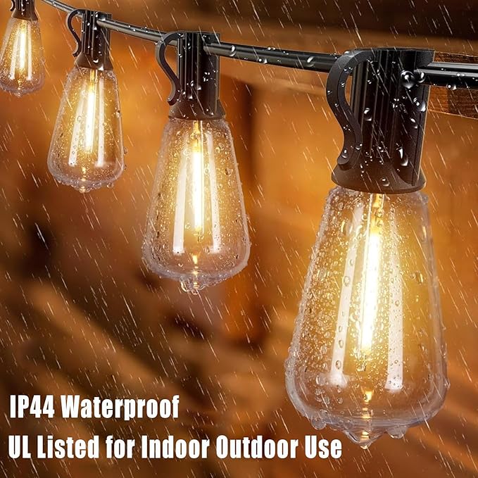50Ft Outdoor String Lights, ST38 LED Outdoor Patio Lights Waterproof with 27 Edison Bulb (2 Spare), Dimmable Outside Hanging Backyard Lights for Porch Balcony Deck Garden Party Xmas Decor
