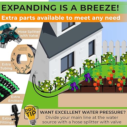 CARPATHEN Drip Irrigation System - Adjustable Premium Irrigation System for Garden, Raised Beds - Complete Drip Irrigation Kit with Drip Emitters, 5/16" and 1/4" Irrigation Tubing and Barbed Fittings