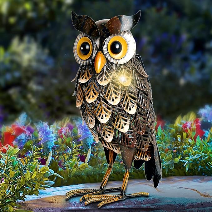 Shorayn Garden Statue Metal Owl Yard Art Outdoor Decor with Solar LED Lights for Patio Lawn Decoration Great Gifts
