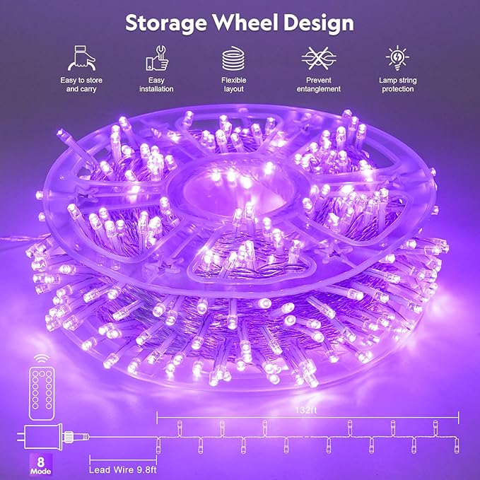 JMEXSUSS 400 LED Halloween Lights, 8 Modes Purple String Lights Indoor,132ft Purple Lights Outdoor Waterproof for Halloween, Christmas,Party,Xmas Tree Lights Decor, EXS-S-0400-R