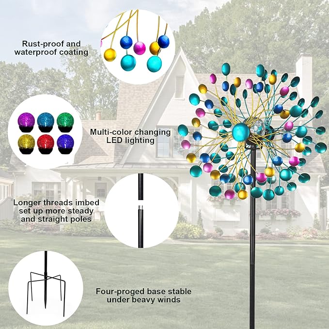 Solar Wind Spinners for Yard and Garden- 58.2 Inch Metal Wind Sculptures Outdoor Clearance Kinetic Windmills with Multi Color Led Glass Ball (Polka Dots)