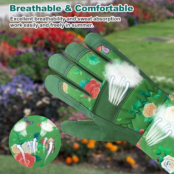 DLY Gardening Gloves for Women, Rose Gloves Gardening Thorn Proof, Long Garden Gloves for Women, Durable and Comfortable Leather Gauntlet (X-Large, Green