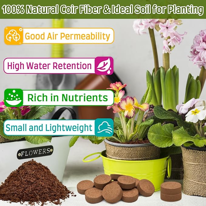 Halatool 30mm 100pcs Organic Coconut Coir Pellets Soil for Planting, Compressed Coco Coir Soil Potting Soil Seed Starters for Growing Vegetables, Fruits, Flowers