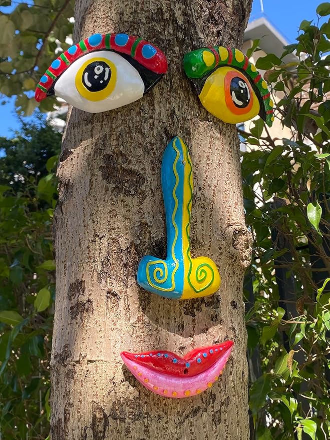 Tree Faces Decor Outdoor, Cute Tree Decorations Outdoor Faces Colorful Funny Outdoor Tree Faces Decor Creative Faces for Trees Garden Yard Tree Art Unique Tree Face
