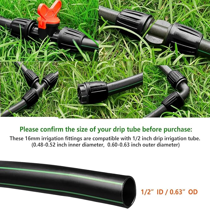16PCS1/2-inch Irrigation Fitting Black Lock Barb Connector for (1/2" ID x0.64 OD) 16mm Eyedropper Barb Lock Nut Connector 2 End Caps,2 Elbows,2 On-Off Valves,4 Triway Ard 2 Adapters,4 Straight