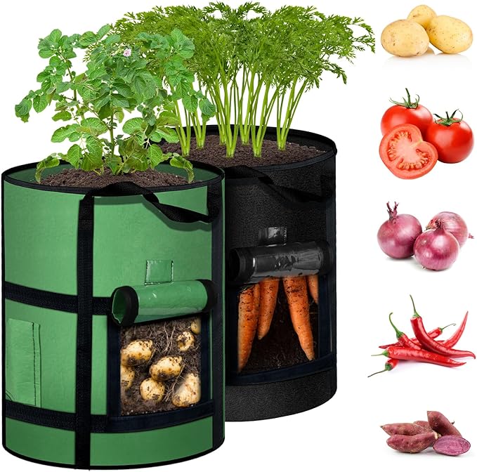 2-Pack 7 Gallon Potato Grow Bags with Harvest Window, Garden Plant Growing Bags with Flap and Handles, Thickened Nonwoven Fabric Plant Pots Grow Bags for Potatoes, Tomato, Vegetable and Fruits