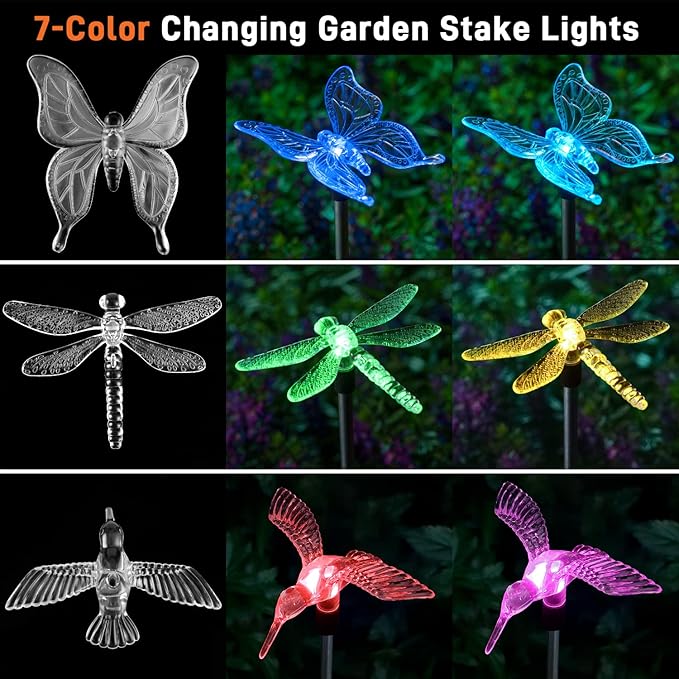 OxyLED Solar Garden Stake Lights 6 Pack Outdoor LED Figurine Lighting Color Changing Waterproof Solar Hummingbird Lights Butterfly Dragonfly for Patio Yard Pathway