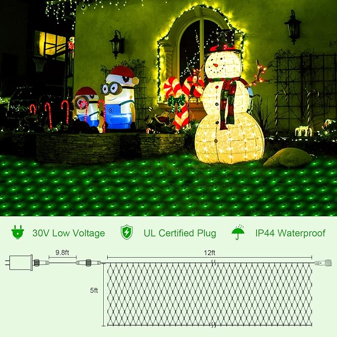 Green Christmas Net Lights Outdoor, 360 LED Plug-in With Remote, 12x5 Ft Extendable 8 Modes Waterproof Net With Green Wire for Bushes Gazebo Lawn Patio Garden Tree
