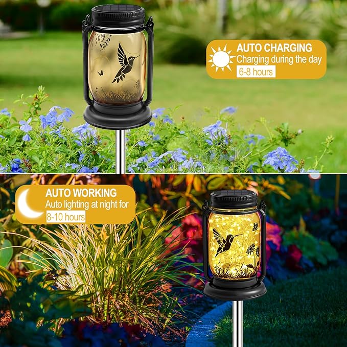 2 Pack Hummingbird Solar Outdoor Lanterns, Birthday Mothers Day Gifts for Women Mom Grandma, Vintage Glass Mason Jar Solar Fairy Lights, Waterproof Garden Lights for Patio Yard Lawn Tree Party Decor