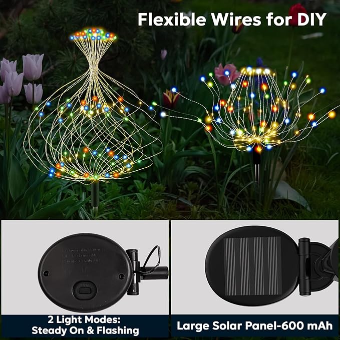 Solar Sparkles Landscape Light Garden Fairy Colorful Light Outside Solar Fireworks Lights Outdoor Waterproof 120 LED Decorative Nightlight Outdoor for Yard Patio Pathway Lawn Party Decor, 4 Pack