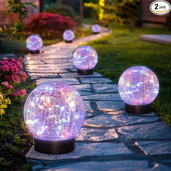 Beautyard Solar Globe Lights Outdoor Large Garden Decor USB Charged 4.72" Diameter 40LED 1000mAh Solar Cracked Glass Globe Lights for Outdoor Indoor Decor (4.72'' Large 2 Pack Colorful)
