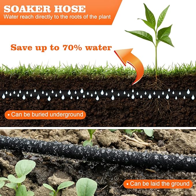 Soaker Hose 25 FT for Garden with 5/8" Diameter Irrigation Hose Save 70% of Water Solid Brass Interface Eminently Suitable for Lawn and Garden Bed Cover