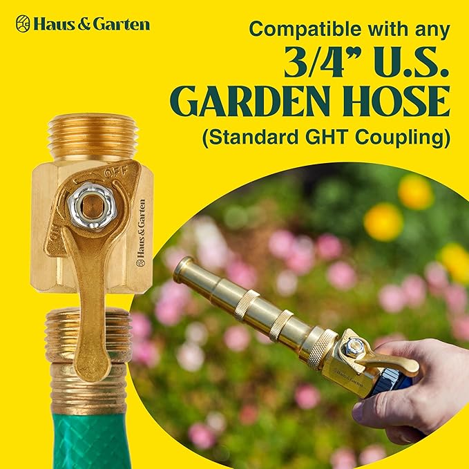 Haus & Garten Heavy-Duty 3/4" Brass Garden Hose Shut Off Valve - Garden Hose Connector, Water Shutoff, Gardening Hose Nozzle Valve, Outdoor 3/4 Inch GHT Brass Shut Off Valve Attachment (2-Pack)