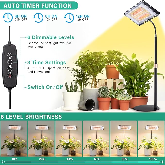 LBW Grow Light for Indoor Plants, 144 LED Full Spectrum Plant Light for Indoor Plants, Large Desk Grow Lamp with 4H/8H/12H Timer, 6-Level Brightness, Height Adjustable, Flexible Gooseneck