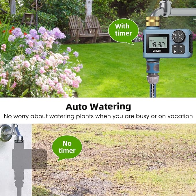 Hose Timer with Brass Inlet, Water Timer for Garden Hose Faucet, Sprinkler Timer Outdoor, Irrigation Timer with Rain Delay/Manual for Garden/Outdoor Hose, Yard, Lawns, 1 Outlet