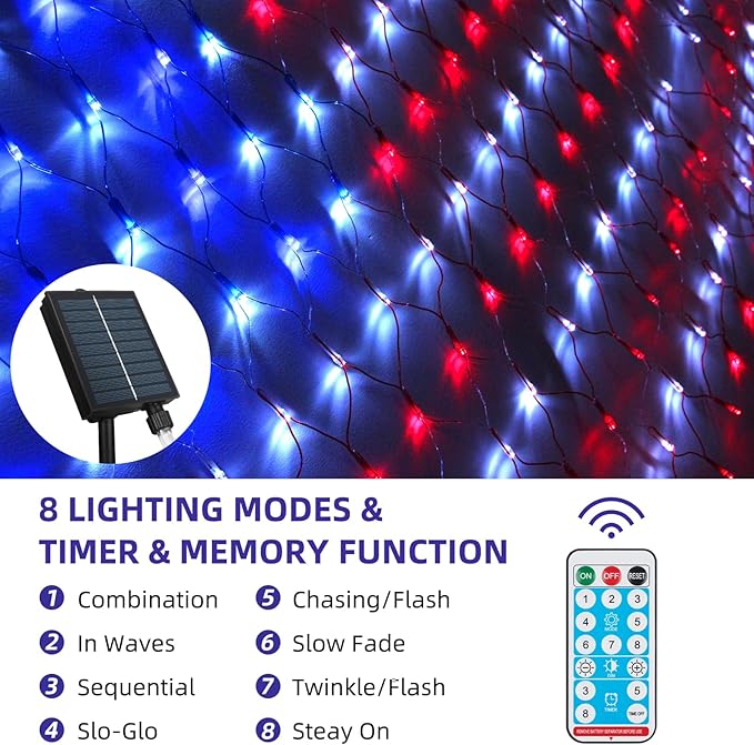 Solar American US Flag Lights [Solar & USB 2 Power Way], 420 LEDs Waterproof USA Net Lights, 6.75 FT x 3.53 for Garden, 4th of July, Independence Day Decoration
