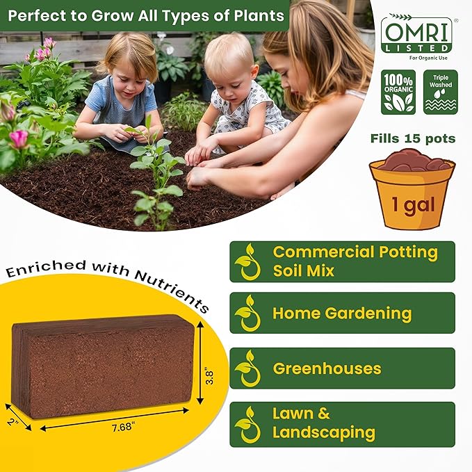Gro-Med Coco Coir Brick 6s Pack – 1.4 lb Each,Expands to 60 Quarts, Enriched with NPK, Organic Potting Soil Mix for Plants, Seed Starting,Herbs,Flowers and Ideal Reptile Bedding for Snakes & Terrarium