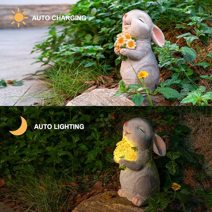 Solar Rabbit Garden Statues Outdoor Bunny Decor Resin Rabbit Figurine Holding Sunflower with LED Lights for Proch Patio Lawn Yard Christmas Housewarming Gardening Gifts for Mom Grandma