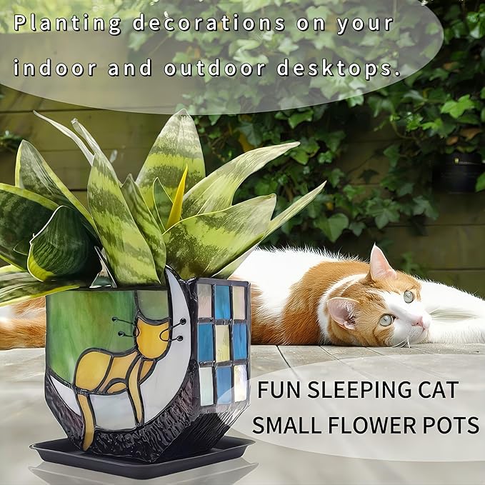 Tiffany Stained Glass Fun Moon Sleeping Cat Planter，Orange Sleeping Cat Cactus Planter，Cute Planters for Indoor Plants,Decorative Flower Pots As Gifts for Cat Lovers，4.6x3x5.15 in