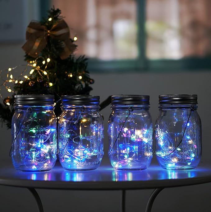 Decorman Solar Mason Jar Lights, 4 Pack 30 LED Fairy Star Firefly String Lids Lights with 4 Hangers for Patio Yard Garden Party Wedding Christmas Decoration(Jars Not Included) (4 Pack, Colorful)