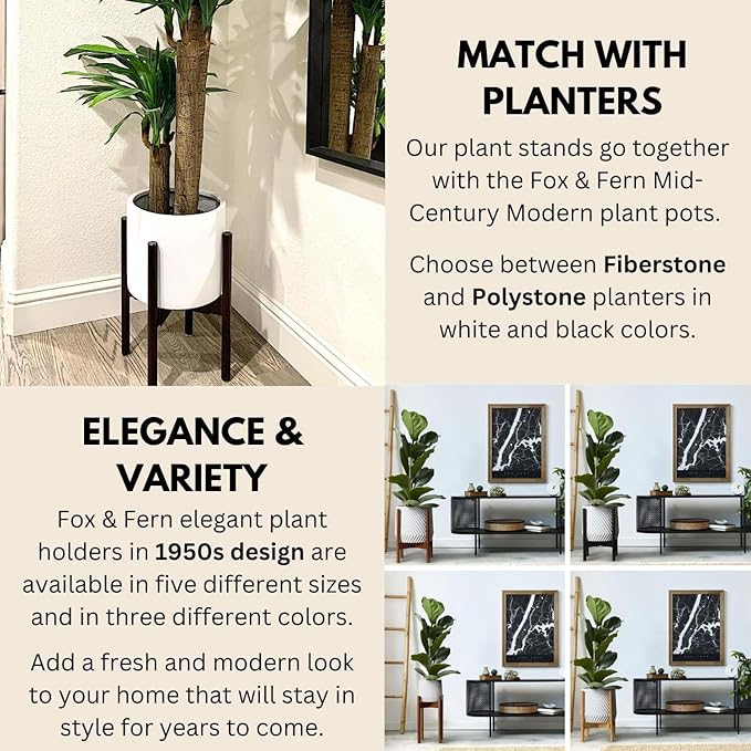 Fox & Fern Adjustable Plant Stand Indoor — 8 to 12 Inch Mid Century Bamboo Plant Stand with Adjustable Width; Plug In Design; Easy to Assemble; Two Height Options - For 8, 9, 10, 11 & 12 Inch Pots