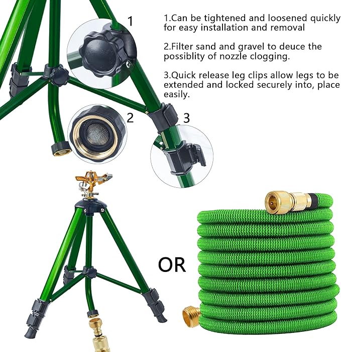 Hourleey Impact Sprinkler on Tripod Base, 2 Pack Heavy Duty Sprinklers for Lawn Yard Garden, 0-360 Degree Large Area Coverage, 3/4 Inch Connector Extension Legs Flip Locks with Brass Head